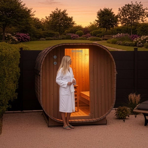 Eine Frau im Bademantel steht vor einer Fasssauna von Home Deluxe in einem gepflegten Garten bei Sonnenuntergang.