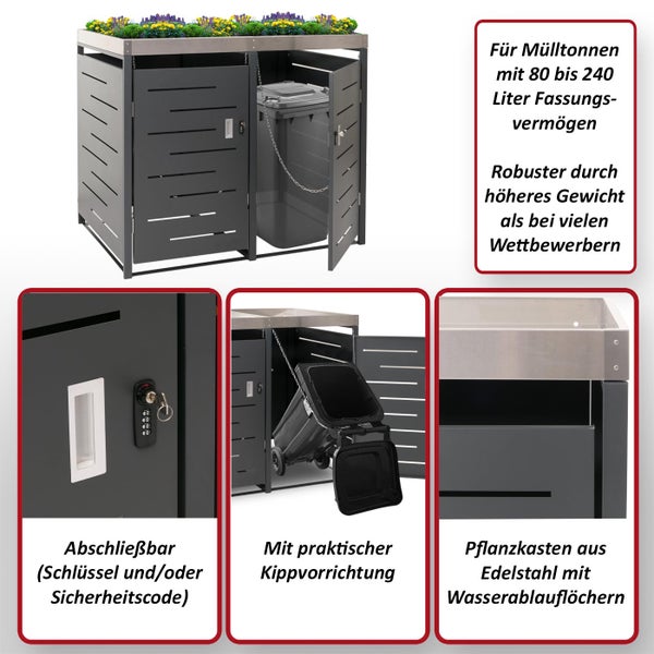 Mülltonnenbox mit Pflanzkasten aus Edelstahl und abschließbarer Tür