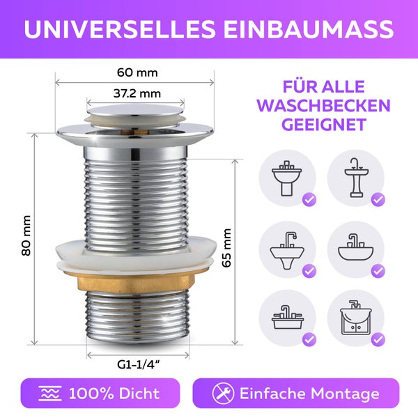 M. ROSENFELD HOME Ablaufgarnitur Waschbecken OHNE Überlauf mit Knopf - Chrom Ablaufventil Pop Up 1 1/4 zoll aus Edelstahl & Messing für Waschtisch - Pop-Up Ventil Waschbecken Abflussgarnitur