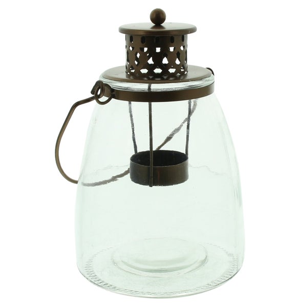 Dekorative Glaslaterne mit Metallgriff und Teelichthalter
