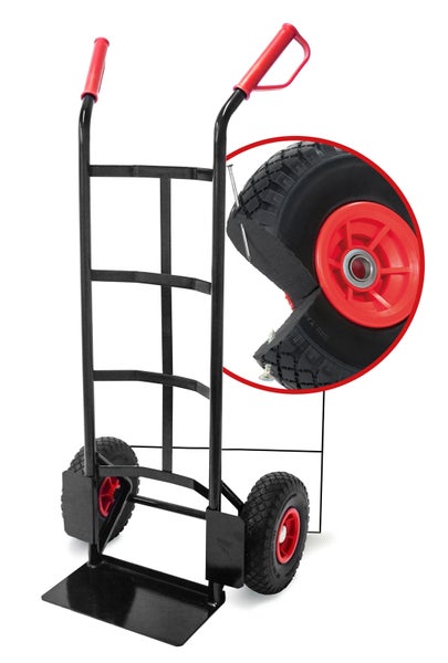 Schwarze Sackkarre mit roten Griffen und pannensicheren Reifen inklusive Detailansicht der Pannensicherheit.