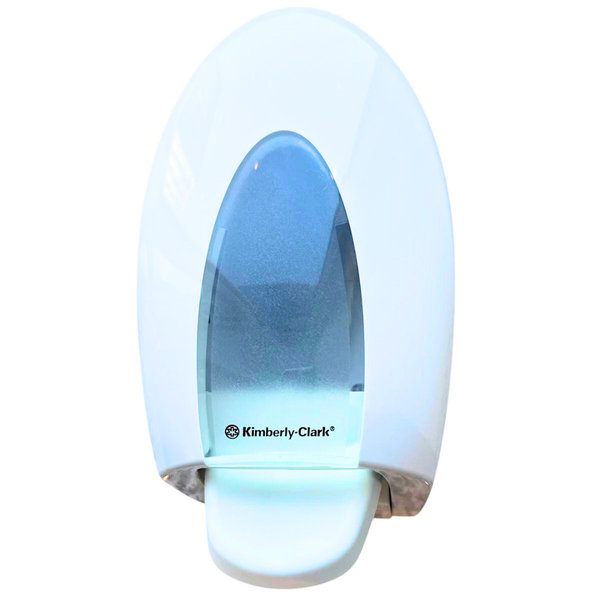 Kimberly-Clark Seifenspender für die Wandmontage aus Kunststoff in Weiß mit Sichtfenster und Kimberly-Clark Logo.