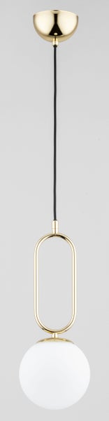 Moderne Pendelleuchte mit ovalem Metallrahmen und kugelförmigem Glasschirm
