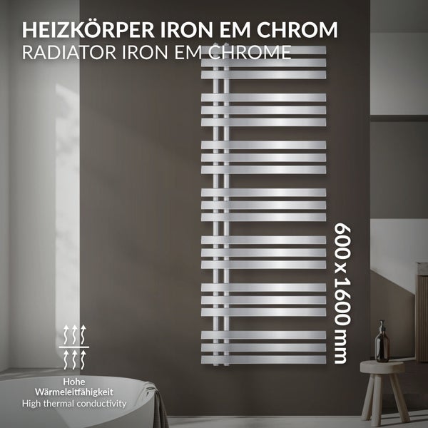 ECD Germany Iron EM Design Badheizkörper - 600 x 1600 mm - Chrom - Designheizkörper Paneelheizkörper Heizkörper Handtuchwärmer Handtuchtrockner Heizung Radiator