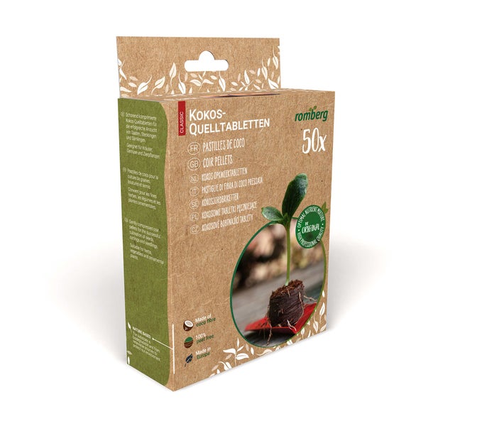 Romberg Kokos-Quelltabletten für Pflanzenanzucht – 50 Stück, Ø 36mm Anzucht-Substrat mit leichter Start-Düngung, Perfekt für Kräuter, Blumen & Gemüse