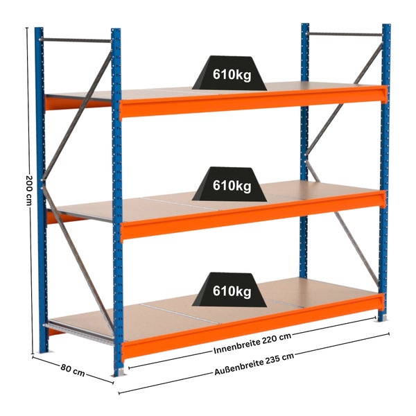 Lagerregal mit drei Ebenen und Gewichtsangabe