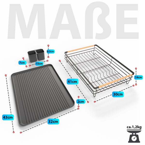 Geschirrtrockner mit Abtropfschale und Besteckbehälter, Maße dargestellt