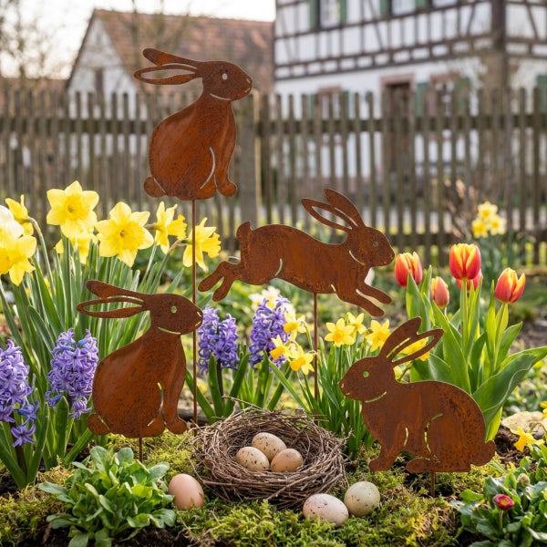 Deko-Gartenstecker aus Edelrost in Hasenform, arrangiert im Frühlingsgarten mit Hyazinthen, Narzissen, Tulpen und einem Osternest mit Eiern.