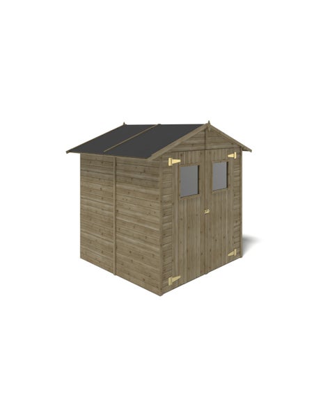 Gartenhaus aus Holz mit Satteldach, Doppeltür inklusive zwei kleinen Fenstern und goldfarbenen Beschlägen.