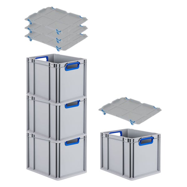 PROREGAL Spar Set 4x Eurobox Nextgen Color Mit Auflagedeckel & Schiebeschnappverschlüsse HxBxT 32 x 30 x 40 cm Griffe Blau Offen Glatter Boden