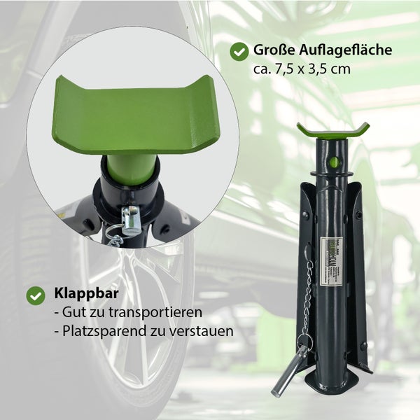 Klappbarer Unterstellbock mit großer Auflagefläche von 7,5 mal 3,5 Zentimeter für den KFZ Bereich