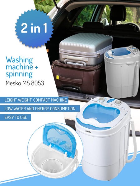 JUNG MESKO MS8053 Mini Waschmaschine mit Schleuder weiss, Waschautomat bis 3 KG, 15 Min Waschprogramm Reisewaschmaschine, Miniwaschmaschine, Camping Mobile Waschmaschine, Toploader (1 Kammer)