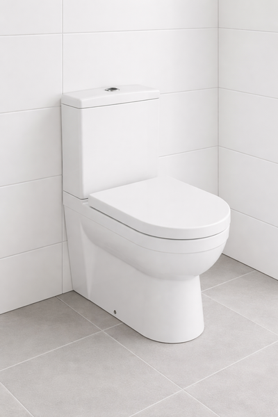 Keramiktoilette im Badezimmer mit Fliesen