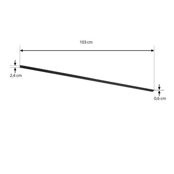 Maßskizze schwarzes Keilprofil: Länge 103 Zentimeter, Höhe links 2,4 Zentimeter, Höhe rechts 0,6 Zentimeter.