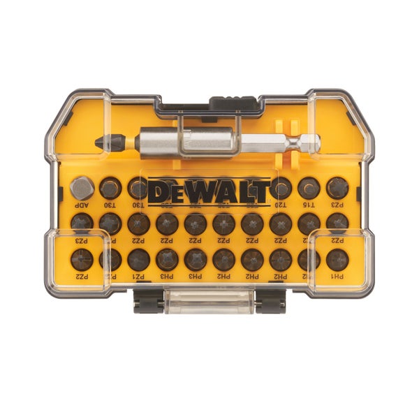 DeWalt Bit-Set im Kunststoffkasten mit Bithalter und verschiedenen Bits wie Torx, Phillips und Pozidriv. DeWalt Logo.
