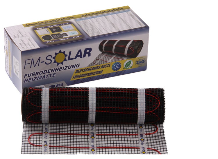Elektrische FM-SOLAR Dünnbettheizmatte zur Fußbodenheizung inklusive Originalverpackung mit technischen Informationen und Produktdetails.