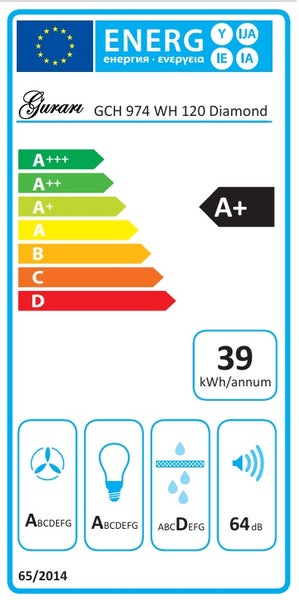 EU Energielabel für Gurari GCH 974 WH 120 Diamond mit Energieeffizienzklasse A plus, 39 Kilowattstunden pro Jahr und 64 Dezibel Geräuschwert.