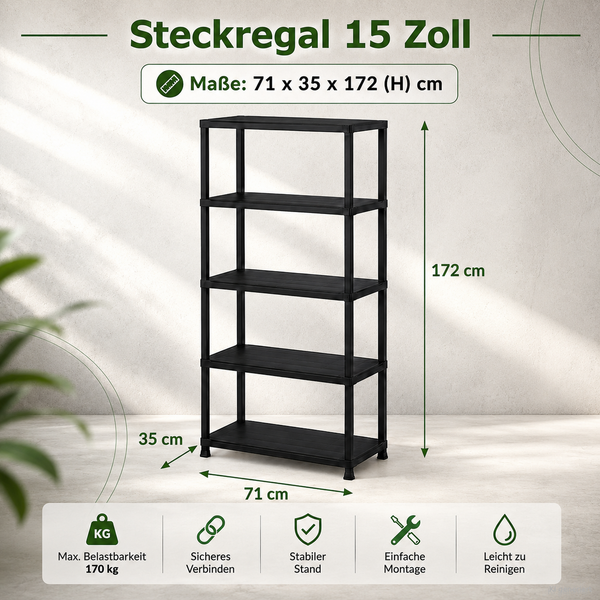 Kunststoff Steckregal mit fuenf Ablagefaechern, Masse 71 mal 35 mal 172 Zentimeter, maximale Belastbarkeit 170 Kilogramm, einfache Montage.