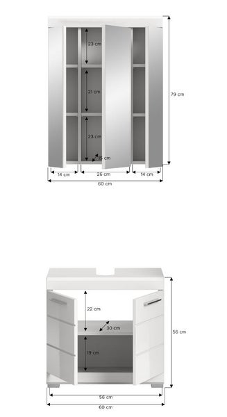 Weiße Badmöbel bestehend aus Spiegelschrank und Waschbeckenunterschrank mit Maßangaben in Zentimeter.