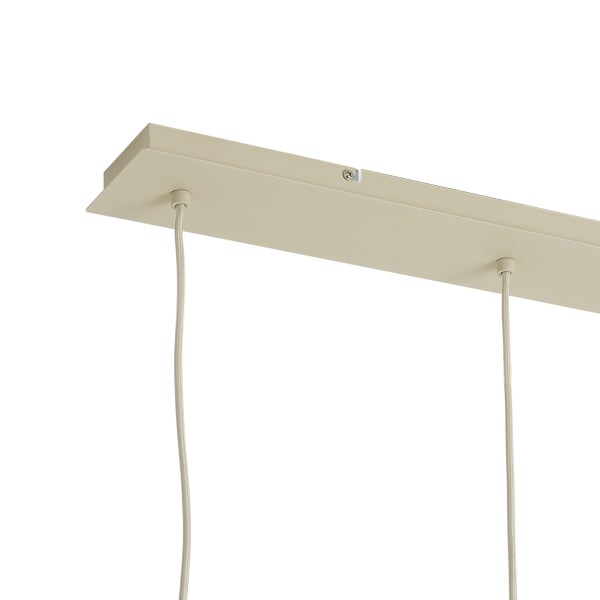 Rechteckiger sandfarbener Metallbaldachin mit zwei Textilkabeln für eine Pendelleuchte.