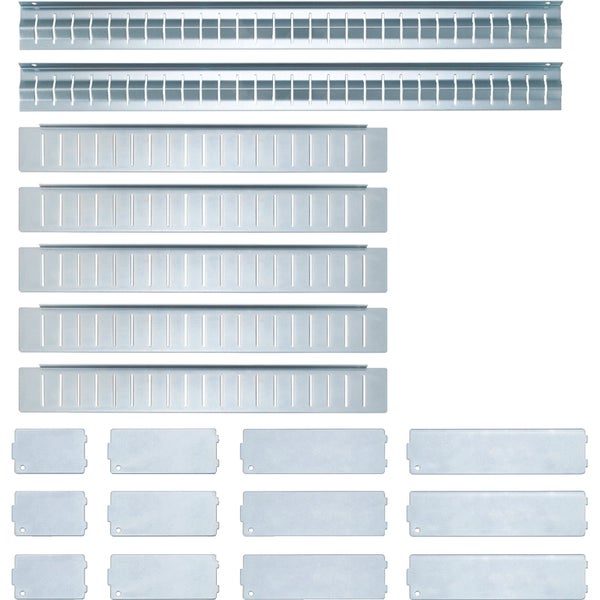 Einteilungssortiment aus Metall für Schubladen oder Werkzeugkisten, bestehend aus Schlitzleisten, Trennwänden und Steckplatten.
