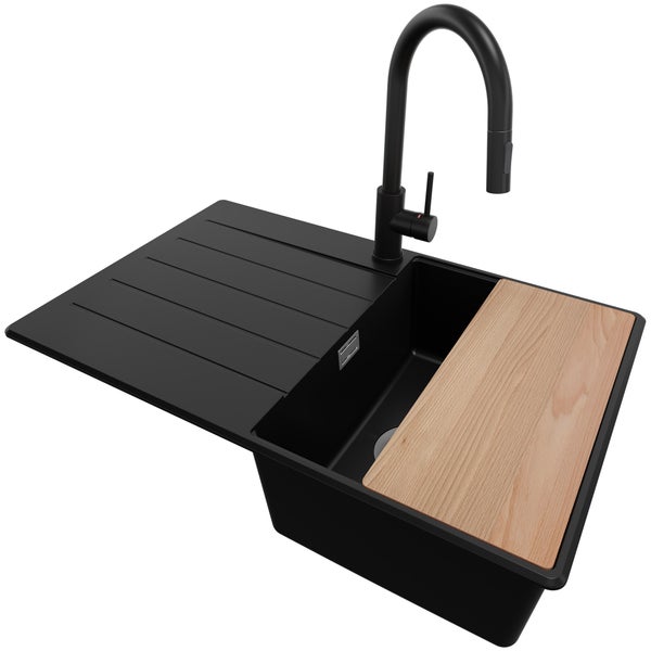 PRIMAGRAN Granitspüle Schwarz 78x50cm, Spülbecken 1 Becken + Küchenarmatur 40x20cm + Ablauf-Set + Schneidebrett, Küchenspüle ab 45er Unterschrank - Kopenhagen