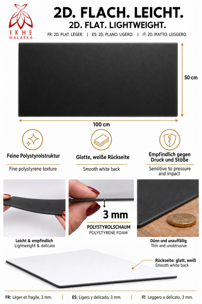 Flache Polystyrolschaum Platte von IKHE Malarka, 100 mal 50 Zentimeter, 3 Millimeter dick mit feiner Oberflächenstruktur.