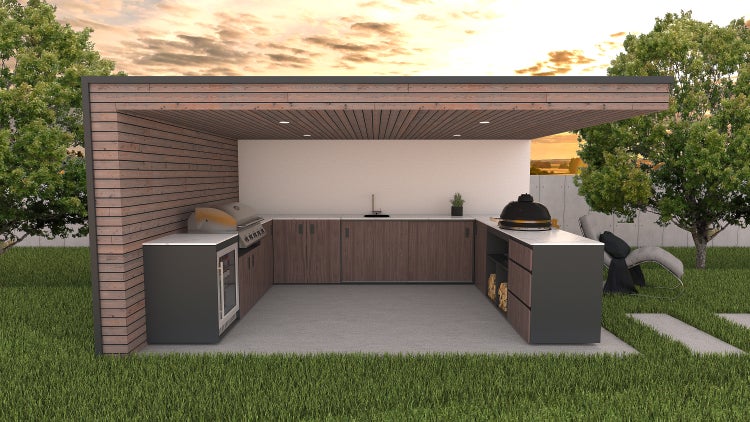 Moderne Outdoor-Küche mit Grill, Spüle und Stauraum unter einem Holzunterstand
