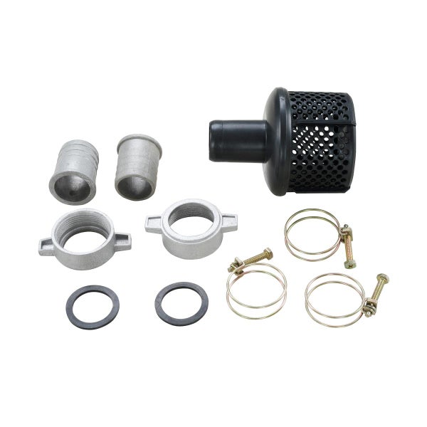 Sauganschluss-Set für Pumpen mit Saugkorb, Schlauchtüllen, Überwurfmuttern, Drahtschlauchklemmen und Dichtungsringen.