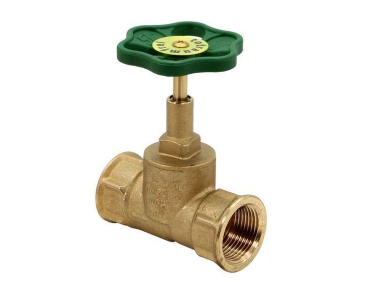 Muffenschieber aus Messing mit grünem Handrad und Innengewinde.