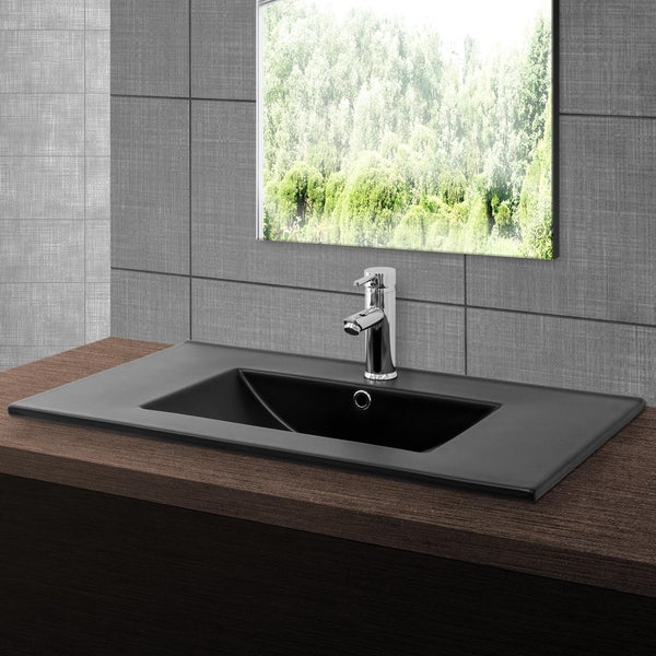 ML-Design Waschbecken aus Keramik in Schwarz matt 81x17,5x47 cm Eckig mit Ablaufgarnitur, Einbauwaschbecken mit Hahnloch und Überlauf, Aufsatzwaschbecken Einbauwaschtisch Waschschale Handwaschbecken