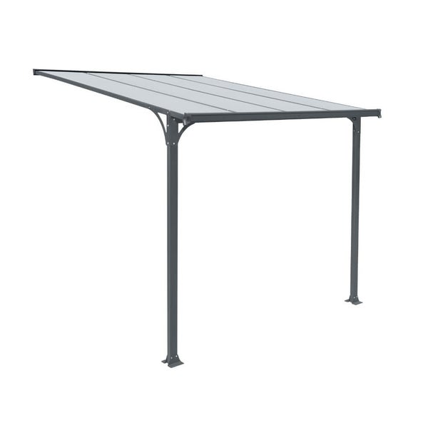 Technische Zeichnung Terrassenüberdachung mit Maßen: Breite 294 Zentimeter, Tiefe 150 Zentimeter, Höhe vorne 238 Zentimeter, hinten 258 Zentimeter.