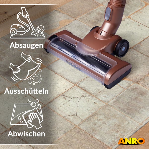 Staubsaugerdüse auf Fliesenboden mit Symbolen für Absaugen, Ausschütteln und Abwischen. ANRO Logo.
