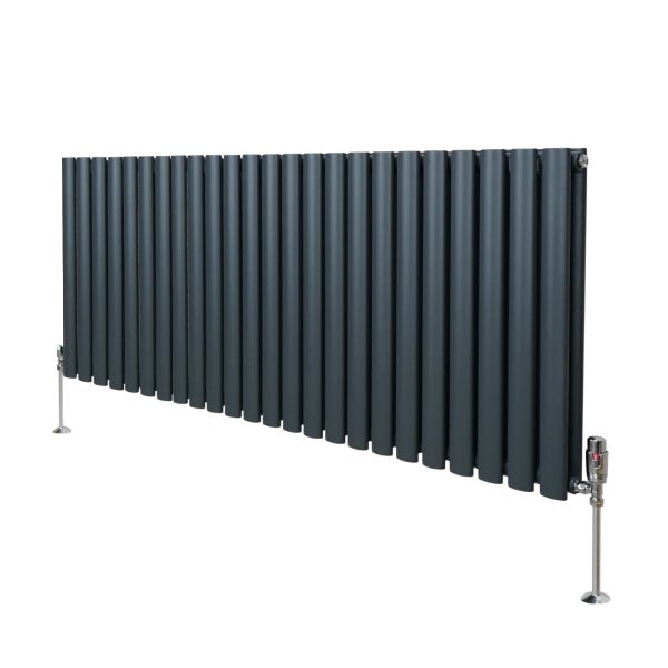 Oval Röhrenheizkörper & Chrom Thermostatventile – 600mm x 1440mm - Anthrazitgrau