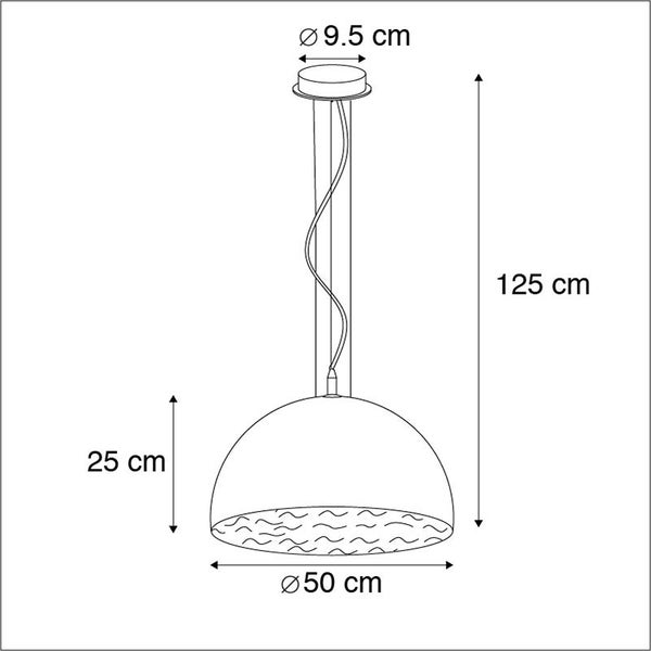 Technische Zeichnung einer Pendelleuchte mit den Maßen 9,5 cm, 125 cm, 25 cm und 50 cm.