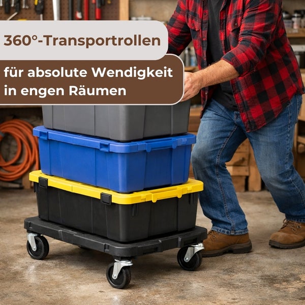 Transportwagen mit drei Aufbewahrungsboxen und Rollen für den Transport
