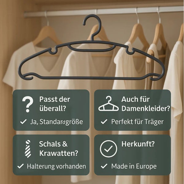 Kleiderbügel mit Hinweisen zu Passform, Eignung für Damenkleider, Schals und Krawatten sowie Herkunft