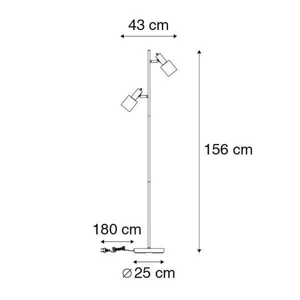 Abmessungen einer Stehleuchte: 156 cm hoch, 43 cm breit, Kabellänge 180 cm, Fußdurchmesser 25 cm