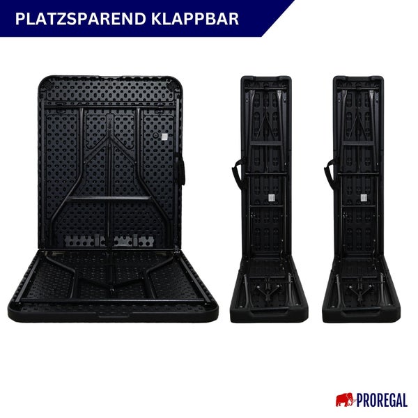 Platzsparender Klapptisch in drei Ansichten: offen, zweimal geschlossen