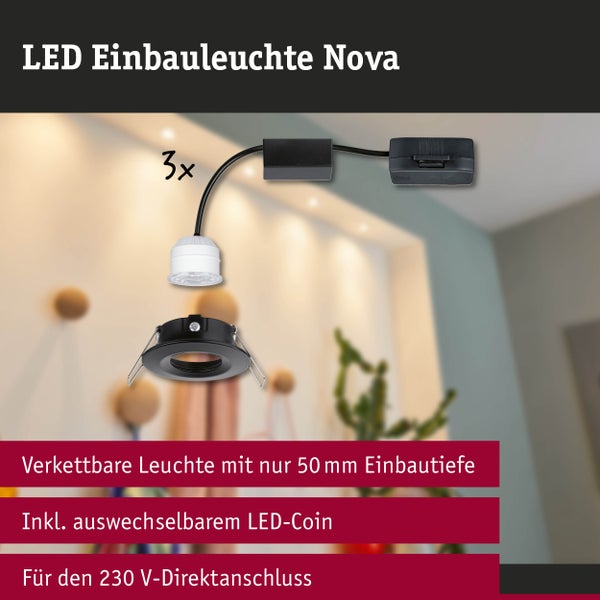 Dreier Set verkettbare LED Einbauleuchten Nova in Schwarz mit auswechselbarem LED-Coin, 50 Millimeter Tiefe und 230 Volt Anschluss.