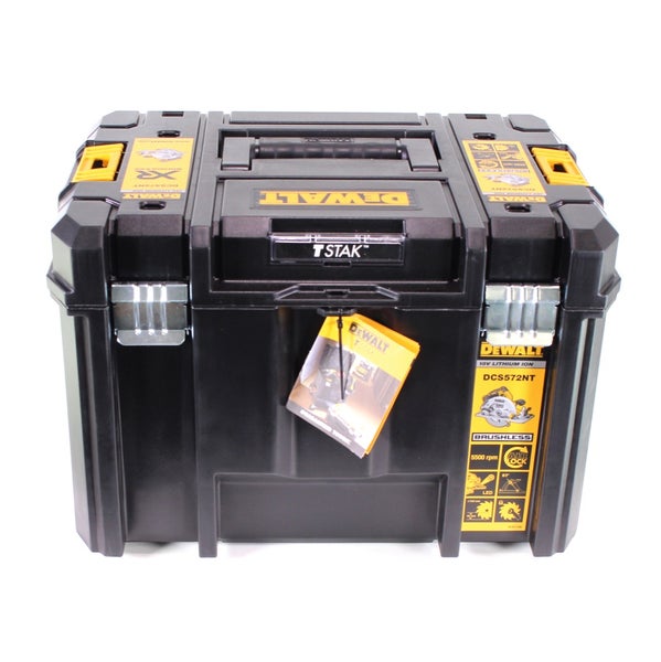 DeWalt TSTAK Werkzeugkoffer DCS572NT für akkubetriebene Handkreissäge, aus robustem Kunststoff mit Metallschließen und Tragegriff.