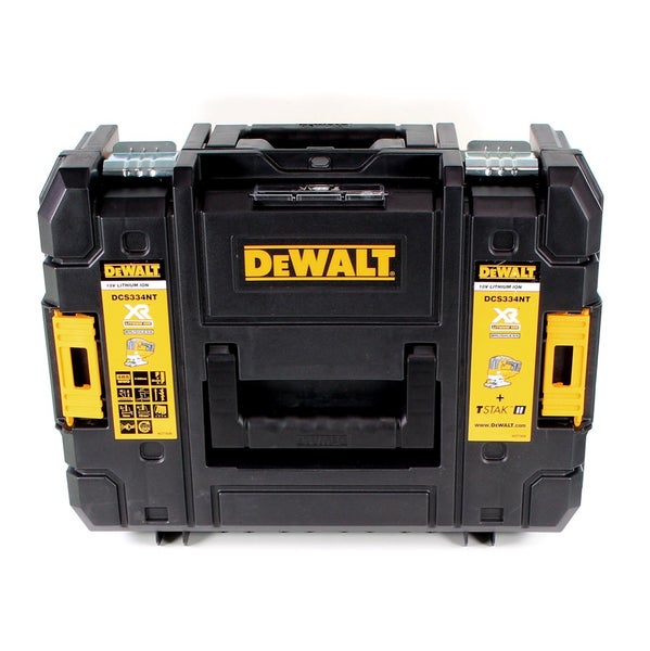 DeWALT Werkzeugkoffer TSTAK II für die Akku-Stichsäge DCS334NT, aus robustem Kunststoff mit Tragegriff und Metallschließen.