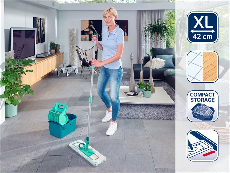 Leifheit Set Wischtuchpresse Profi Compact mit Bodenwischer und 3-teiligem Stiel, wie handgewrungen auspressbar, platzsparendes Wischset mit Mikrofaser Wischbezug für Fliesen und Laminat, Click-System