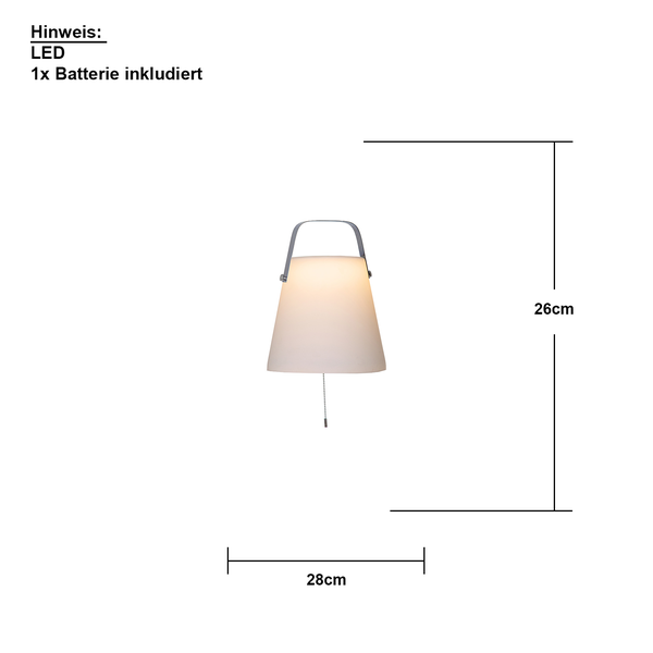 Skizze einer LED-Tischleuchte mit Zugschalter und Maßangaben