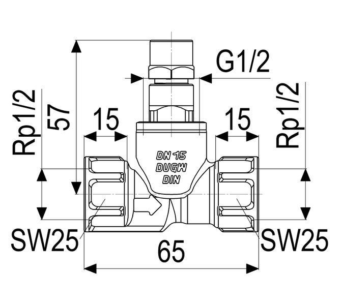 Maßzeichnung Rohrverschraubung Nennweite 15, Anschlüsse Rp 1/2 und G 1/2, Maße 65 und 57 Millimeter sowie Schlüsselweite 25.