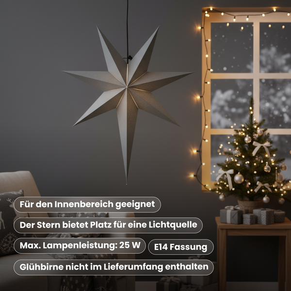 Dekorativer grauer Papierstern als Hängelampe im Innenraum