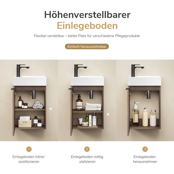 Infografik zeigt einen höhenverstellbaren Einlegeboden in einem Waschtischunterschrank mit drei verschiedenen Positionierungsmöglichkeiten.
