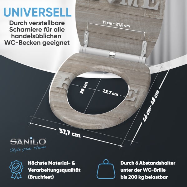 Sanilo WC-Sitz mit Holzdekor und Home Schriftzug, Maße sind dargestellt