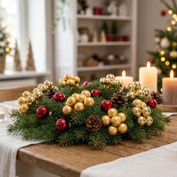 Weihnachtskranz aus Tannengrün mit goldenen und roten Weihnachtskugeln sowie Zapfen auf einem Holztisch mit brennenden Kerzen im Hintergrund.