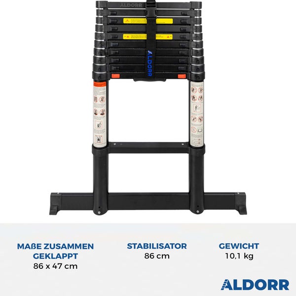 ALDORR Professional - Teleskopleiter 3,20M mit ausziehbarer Stabilisatorstange - Belastbarkeit bis zu 150kg - Soft-Close-System